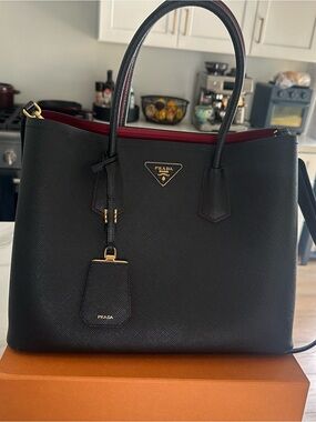 Prada Saffiano Leather Double Tote Black Gold Hardware